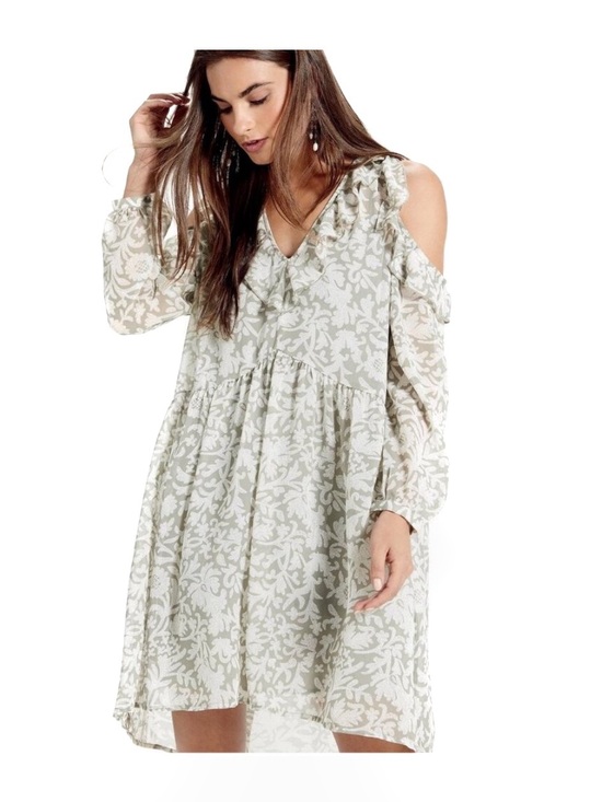 Lucky Brand Dresses & Skirts - Lucky Brand Mesh Gray Floral Print Boho Cold-Shoulder Women's Flowy Mini Dress
